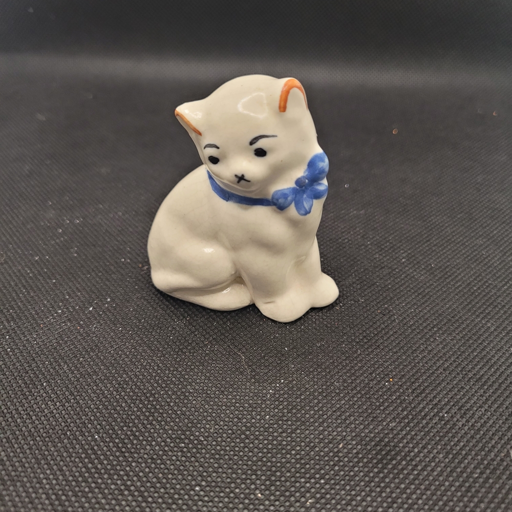 Vintage Porcelain White Cat Figurine Blue Bow Mini Kitten Decor